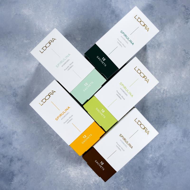 L’DORA HERBAL SPIRULINA HYDROGEL POWDER MASK CONTAINING EGG WHITE AND Q10, 12 PCS
